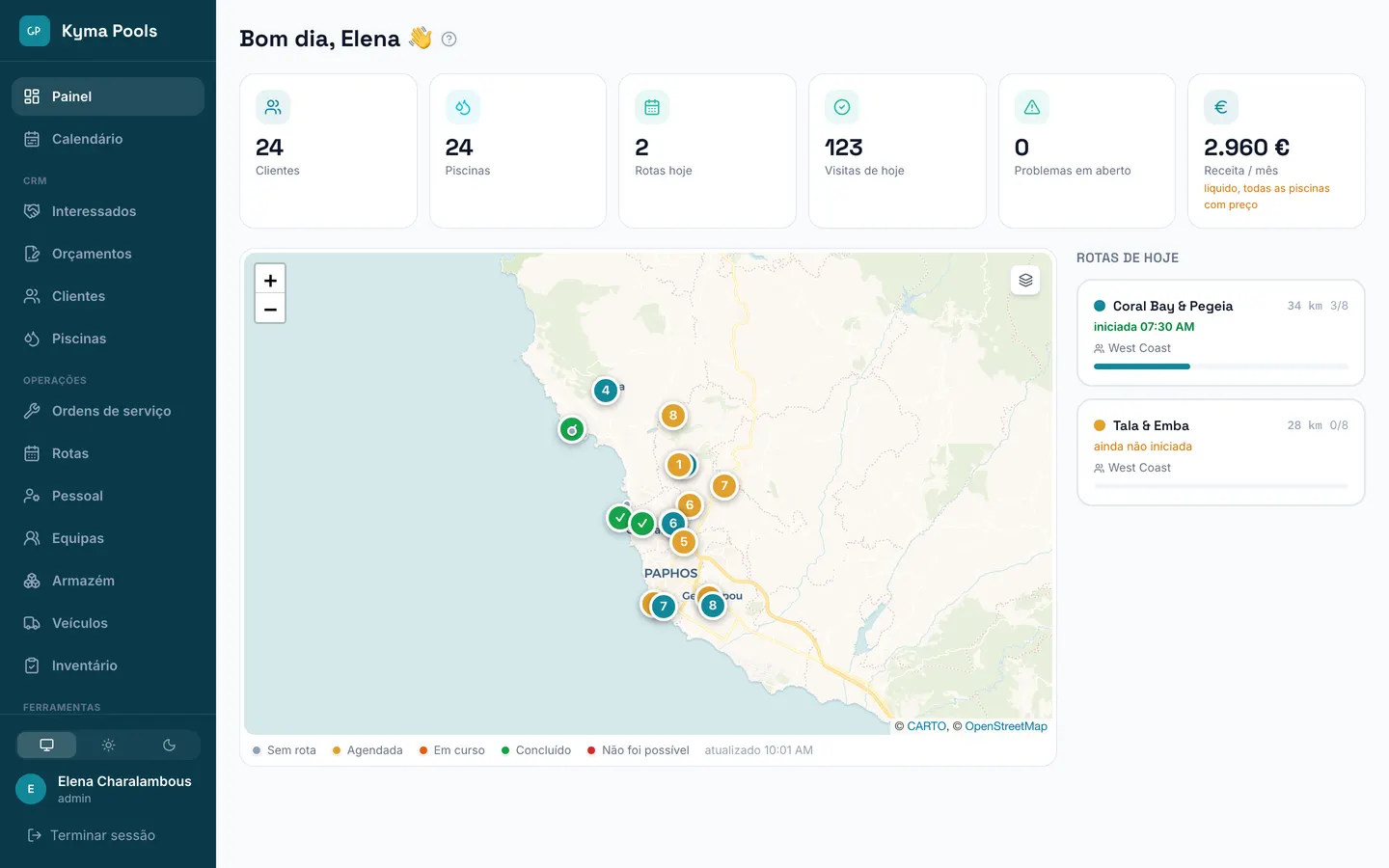 Painel com mapa e rotas de hoje
