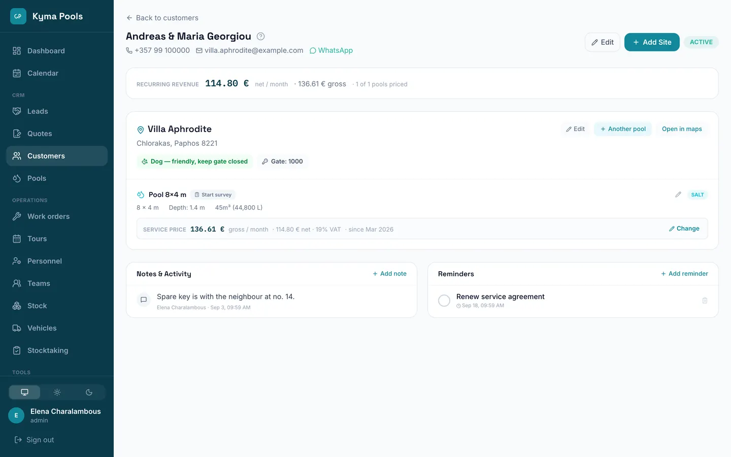 Customer file with pool, price and notes