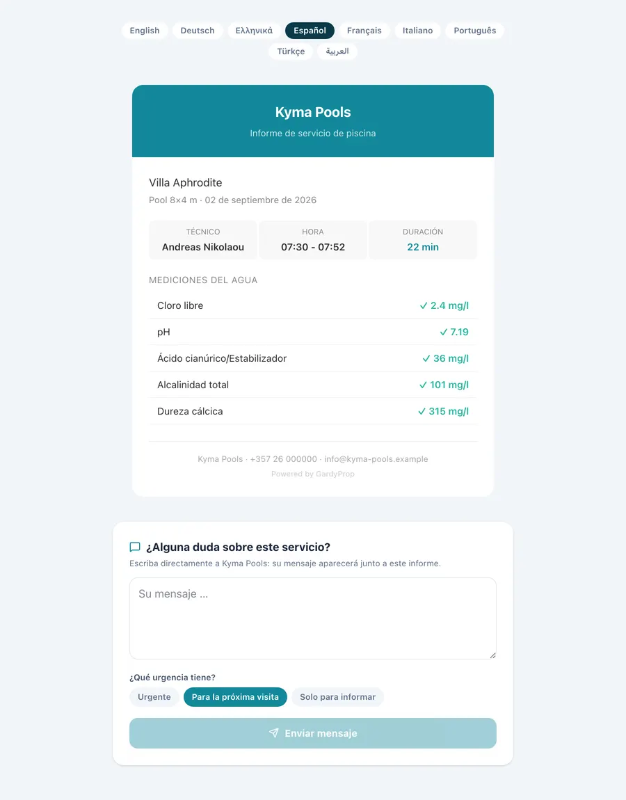 Informe de servicio para el cliente, con mediciones