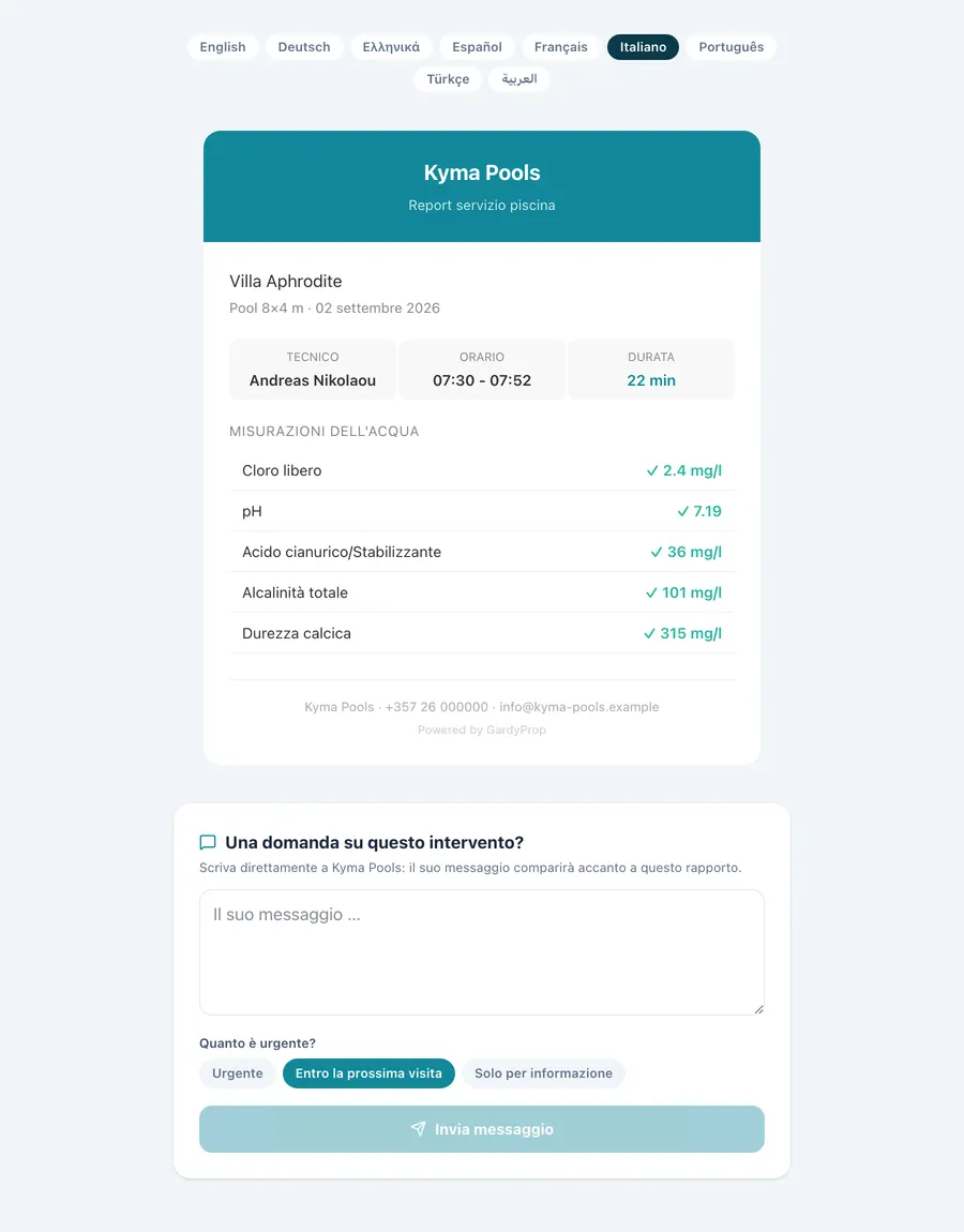 Rapporto di servizio per il cliente, con i valori